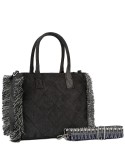 Quilted Tie Dyed Denim Tote with Guitar Strap JY0492M BLACK DENIM